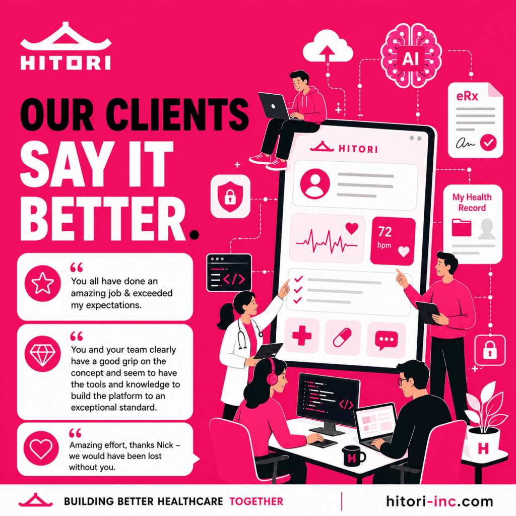 Bright pink infographic showing healthcare tech team around a large tablet UI with client quotes on the left and Hitori branding, communicating testimonials and collaboration.