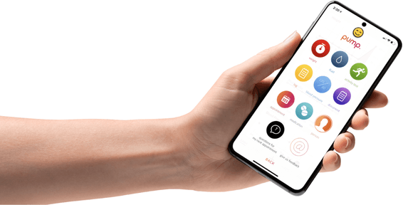 Close-up of a hand holding a smartphone displaying a grid of colorful circular app icons on a white background.