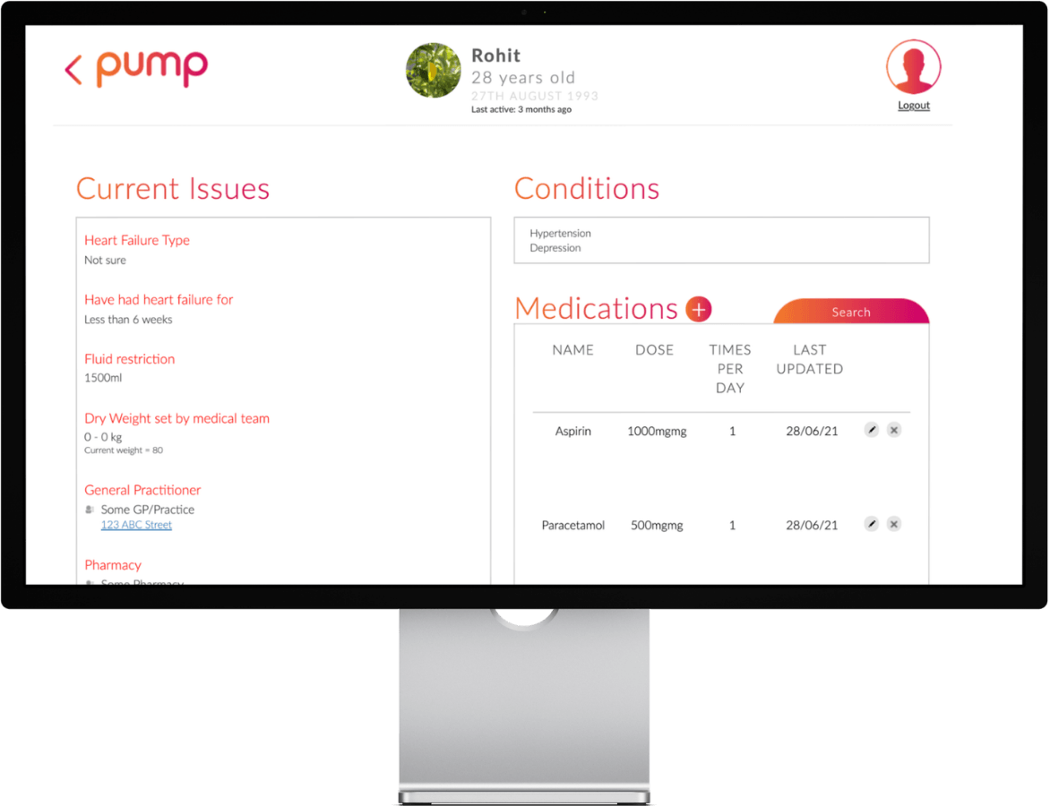 Medical dashboard UI with a patient header, showing Current Issues on the left and Conditions and Medications on the right (med list table).Elements include a logo, profile circle, and a plus icon for adding meds, overall health-tracking layout.